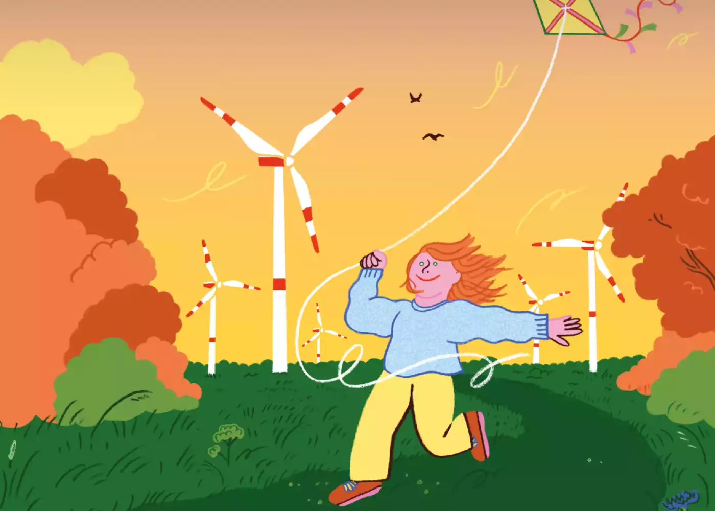 Illustration eines Kindes mit Drachen auf einer Wiese. Im Hintergrund sind einige Windräder zu sehen.