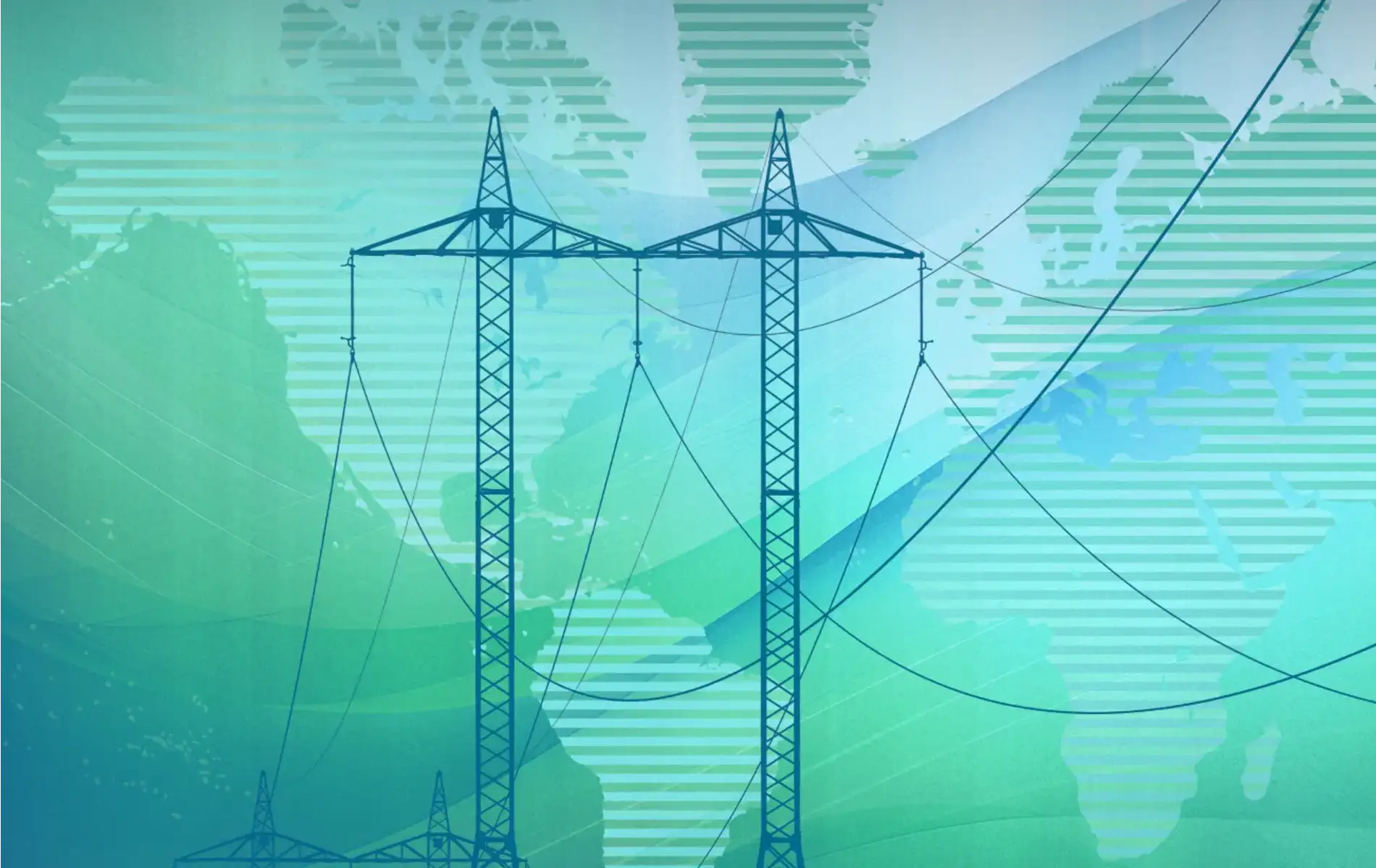 Stilisierte Illustration von Hochspannungsmasten und Stromleitungen vor einem abstrakten Hintergrund in Grün- und Blautönen, der eine stilisierte Weltkarte mit horizontalen Streifen zeigt.